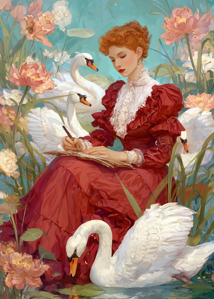Woman in Red Dress with Swans
