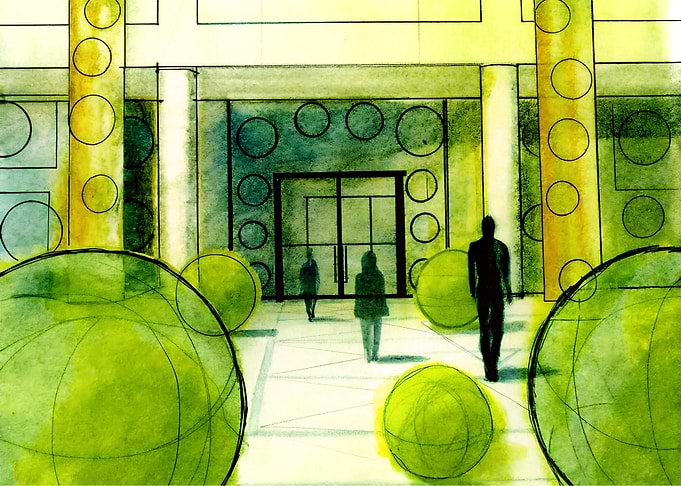 Architectural rendering with figures and greenery