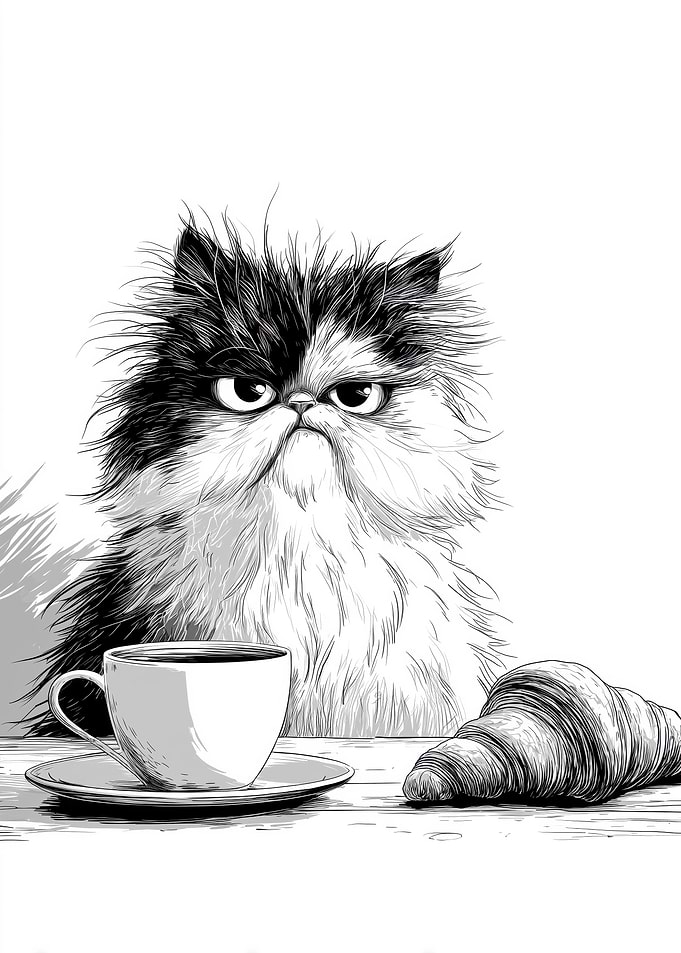 Grumpy Cat with Coffee and Croissant