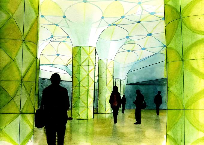 Green Architectural Interior with People