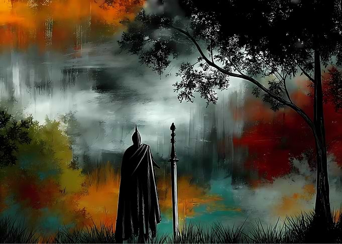 Warrior and Sword in Misty Landscape
