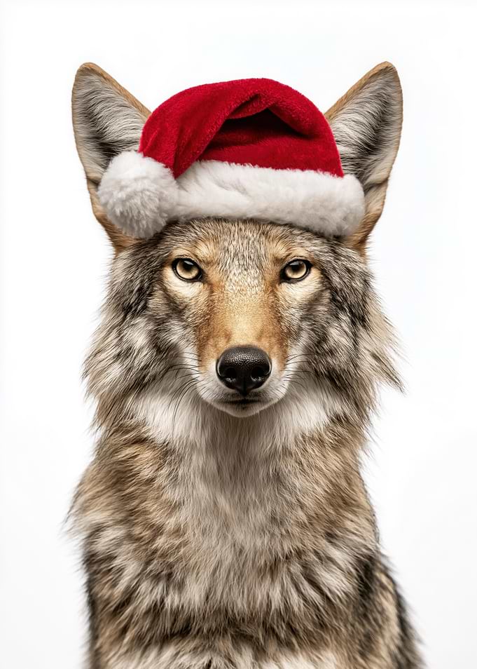 Coyote wearing a Santa hat