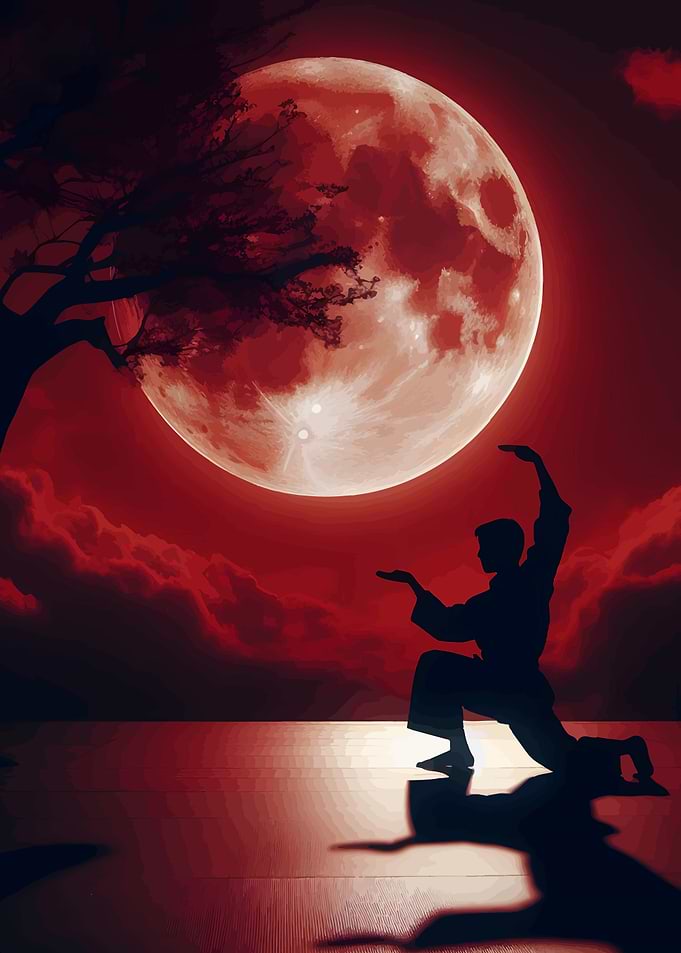 Martial Arts Silhouette Under Red Moon