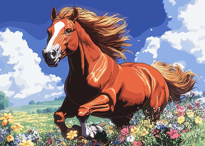 Running Horse in a Flower Field