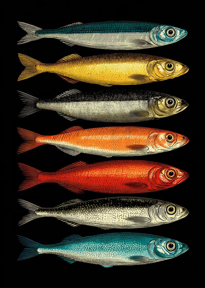 Colorful Sardines Illustration on Black Background