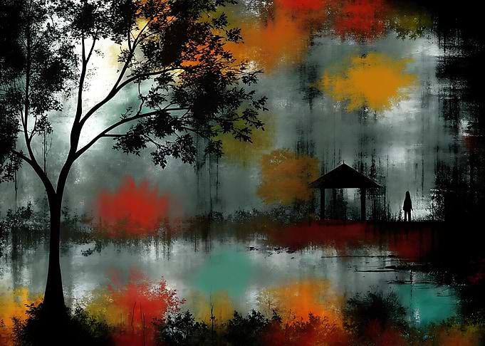 Abstract Lakeside Scene with Figure
