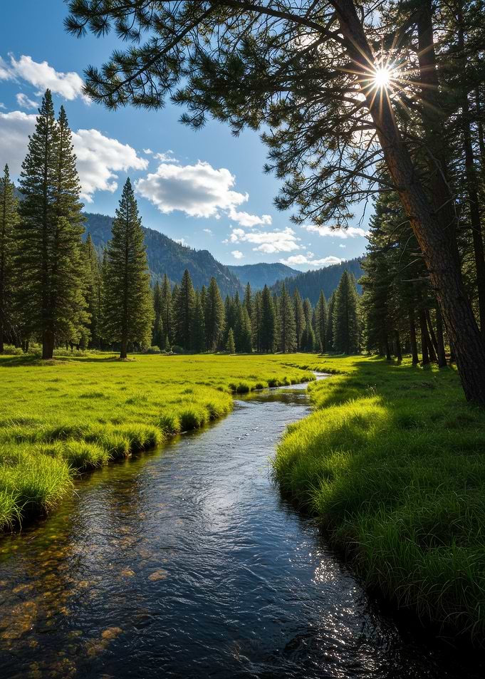 Serene River Through Forest Meadow