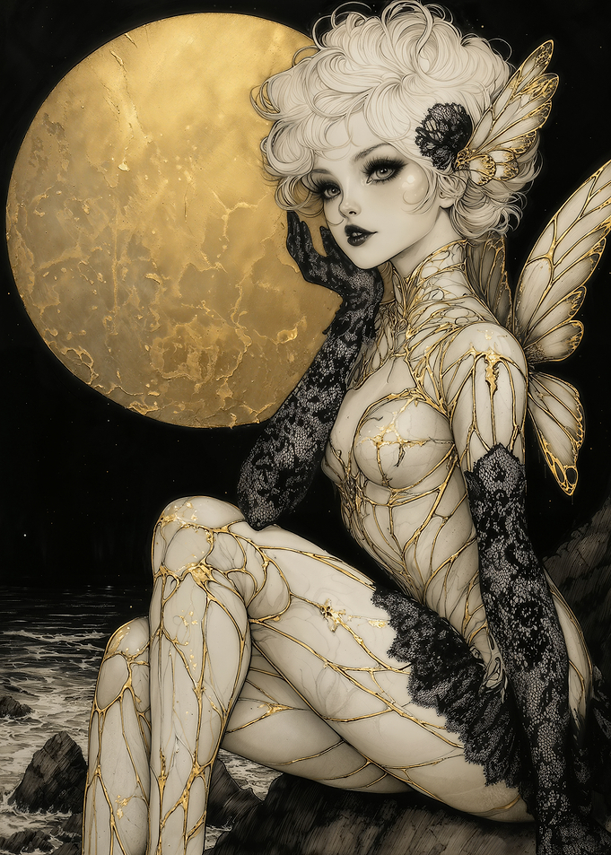 Gothic Kintsugi Fairy Under a Golden Moon