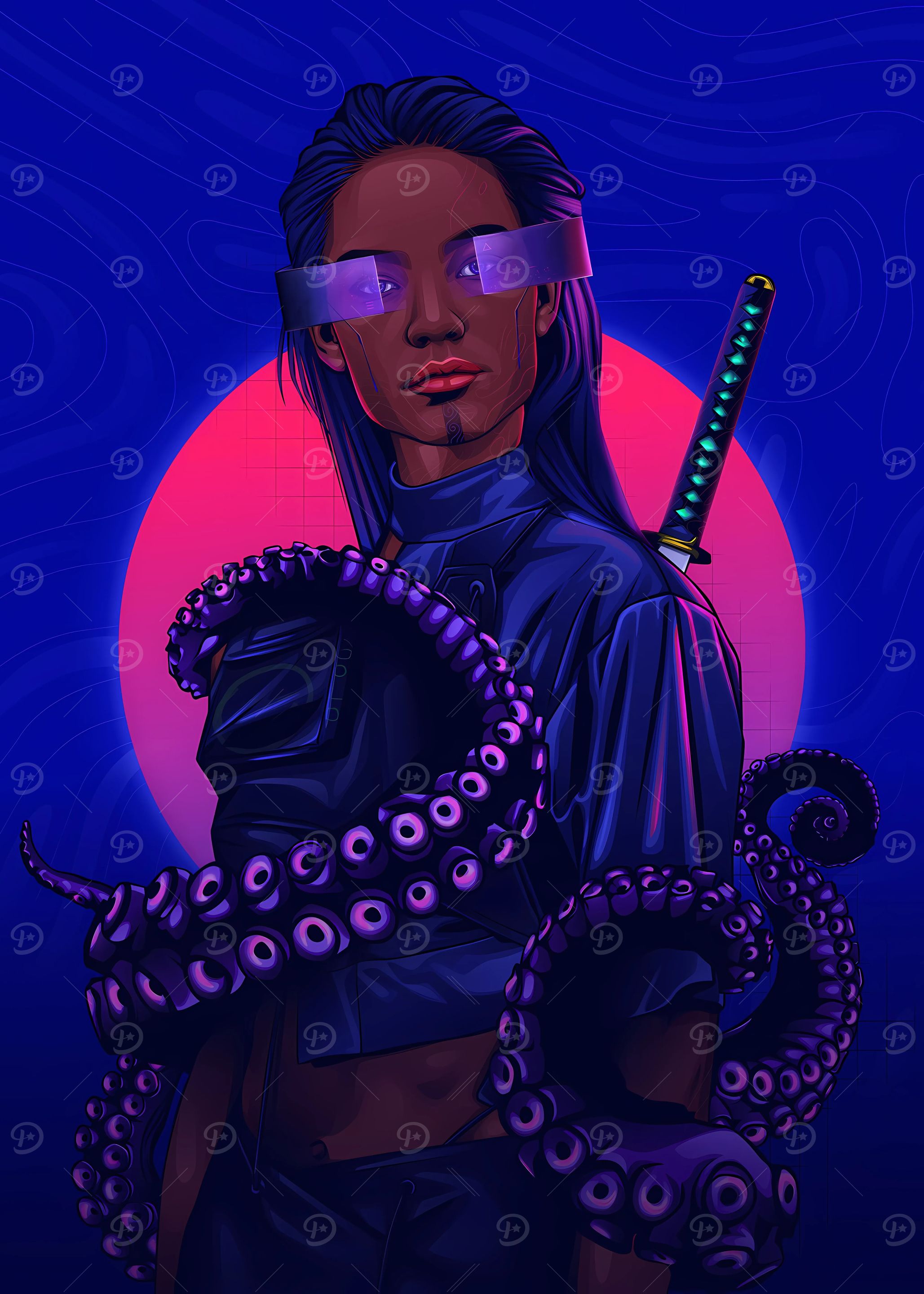 Cyberpunk Girl with Octopus and Katana