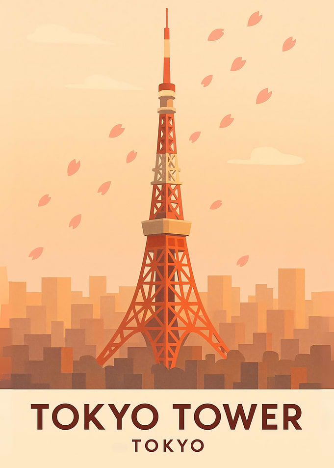 Tokyo Tower Illustration with Cherry Blossoms