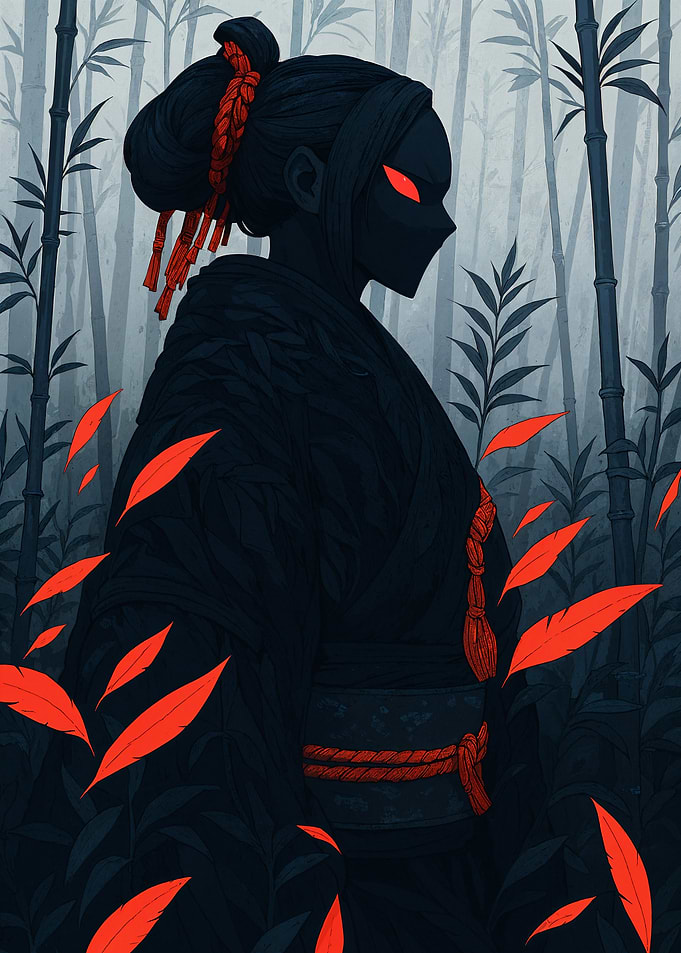 Dark Kimono Woman in Bamboo Forest