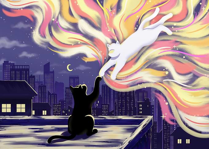 Cats Reaching in Cityscape Dream
