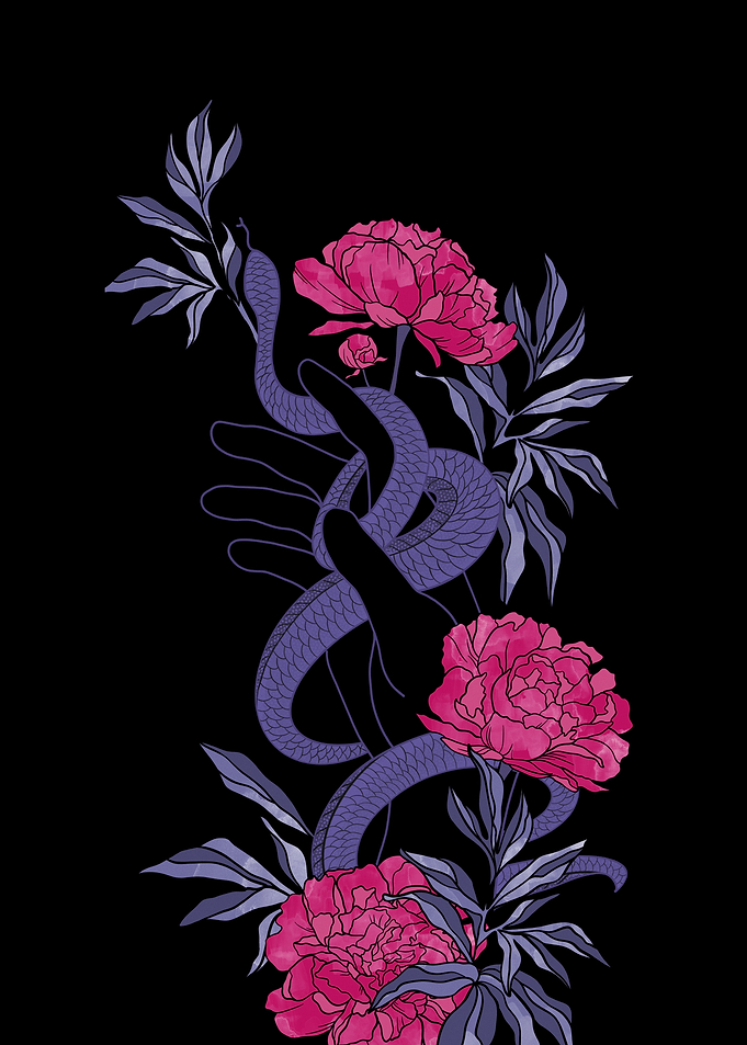 Snake, Hand, and Peonies Illustration