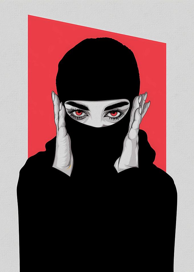 Red-Eyed Woman in Black Balaclava