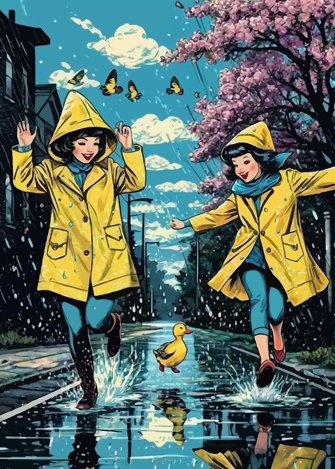 Girls in Yellow Raincoats Playing with Duck