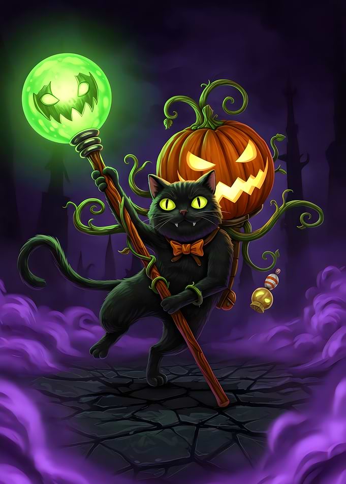 Halloween Cat with Pumpkin and Staff