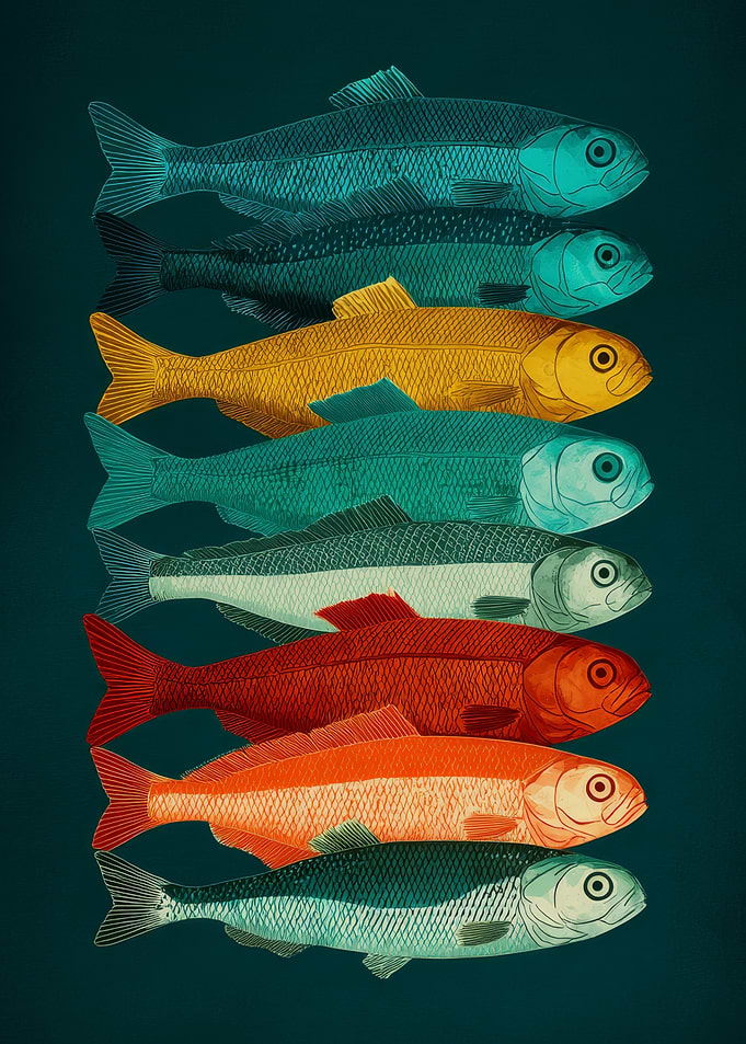 Colorful Stacked Fish Illustration | Vibrant Fish Poster