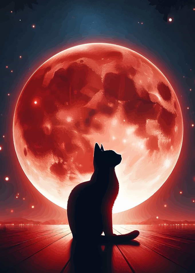 Cat Silhouette Under Red Moon
