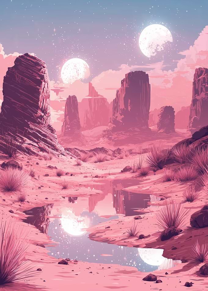 Pink Desert Landscape with Moons