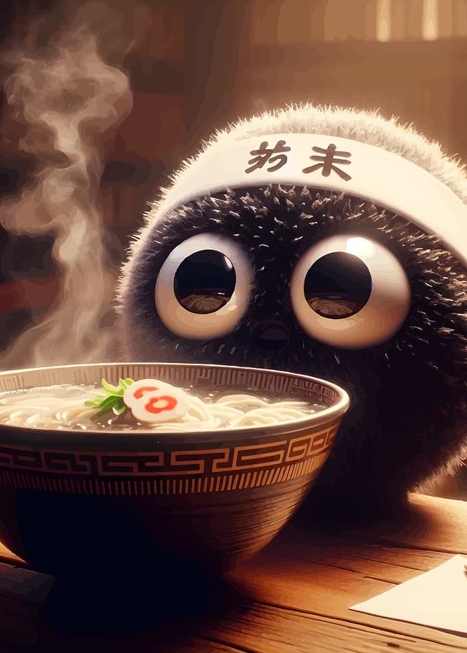 Cute Furry Character with Ramen Bowl