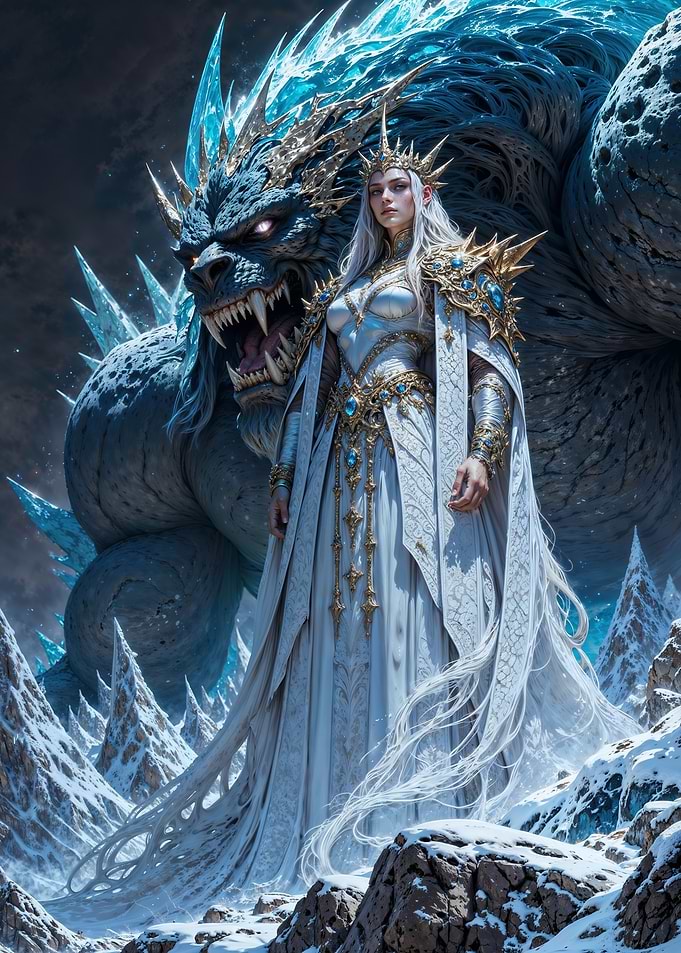 Ice Queen and Monster in Snowy Landscape