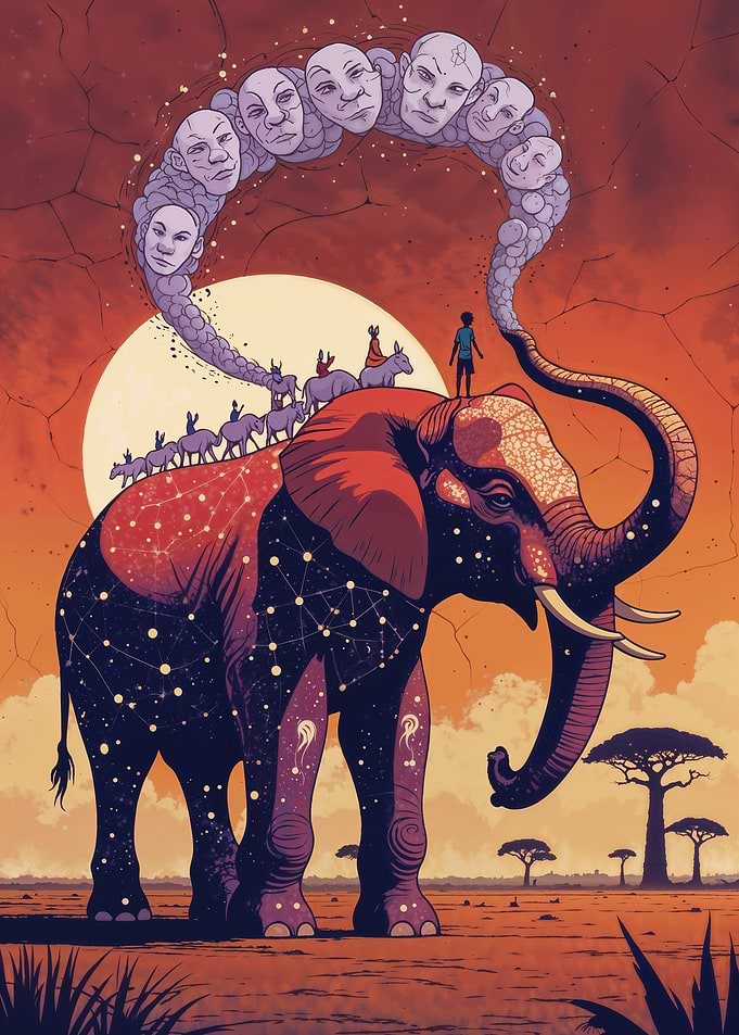 Elephant, Boy, and Faces in the Sky