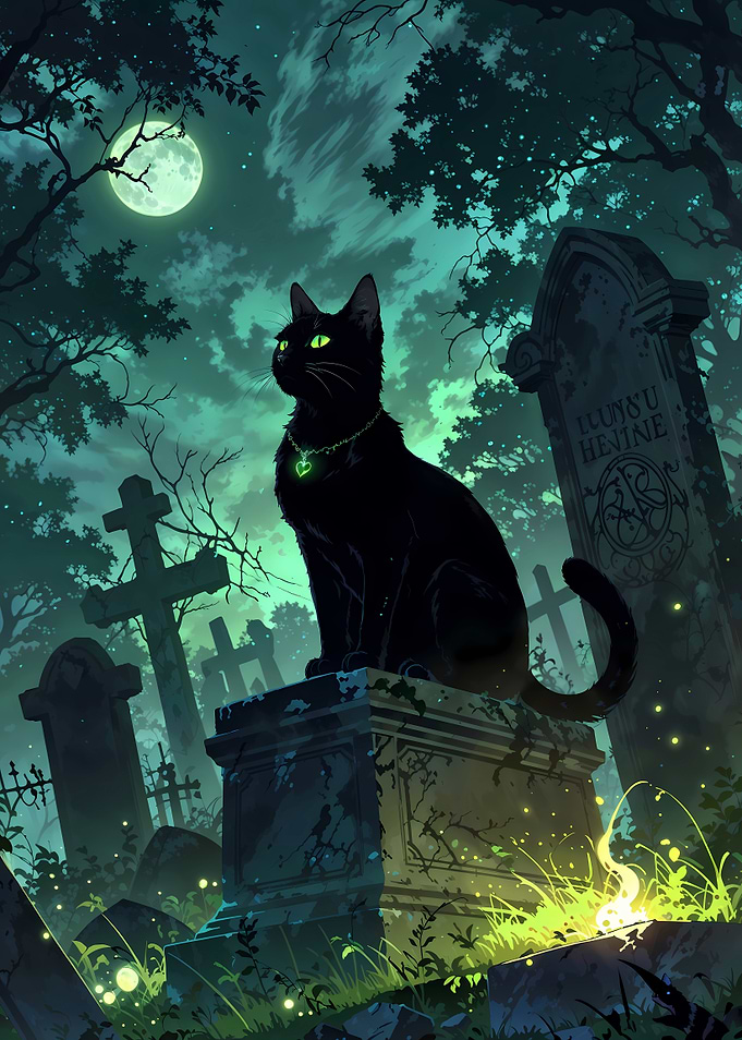 Moonlit Cemetery Cat