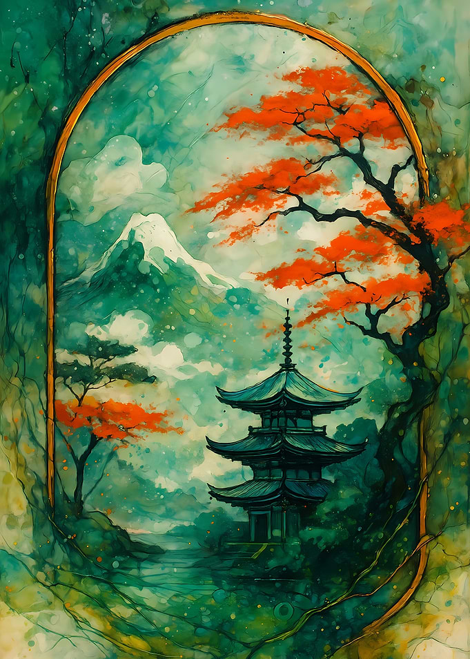 Abstract Fantasy #65 - Japanese Pagoda Watercolor Landscape