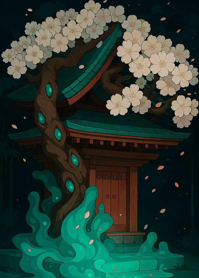 Japanese Temple with Cherry Blossom Tree
