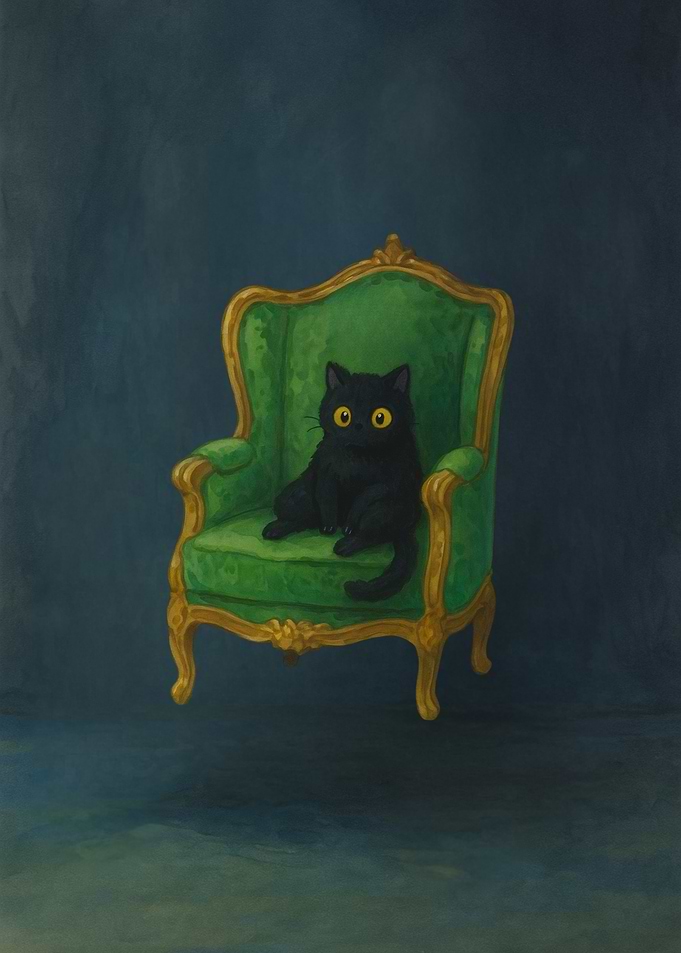 Black cat on green armchair