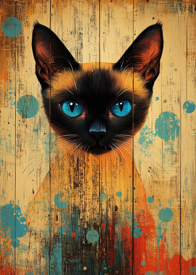 Siamese Cat Portrait on Wood
