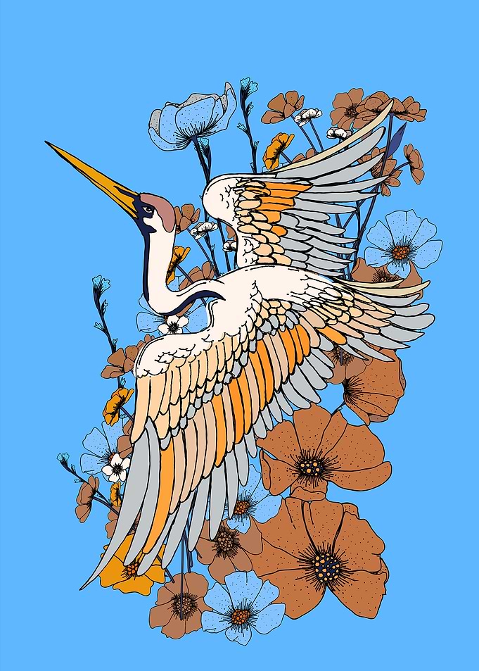 Crane in Flight with Floral Accents