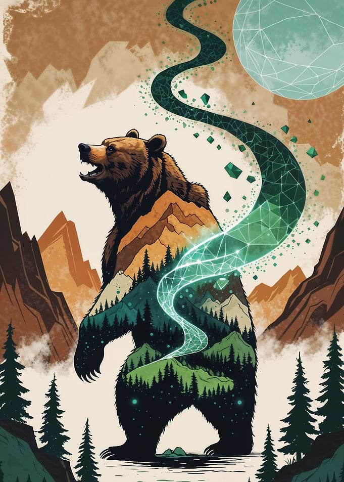 Bear with Mountain and Forest Silhouette