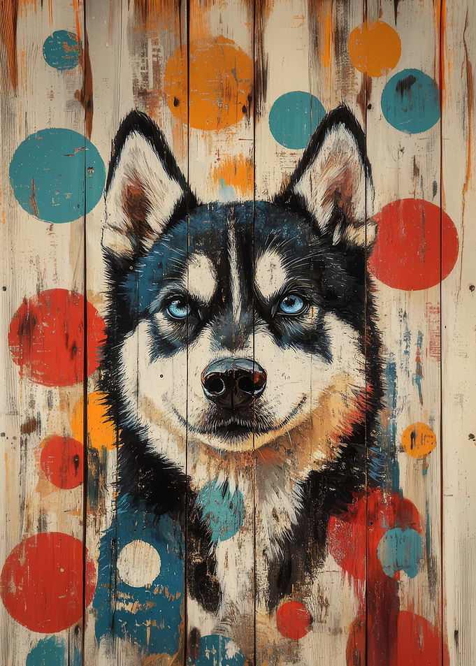Husky dog portrait on wood