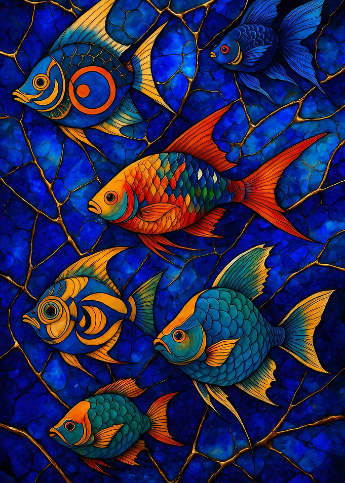 Abstract Fantasy #61 - Colorful Fish Stained Glass Style