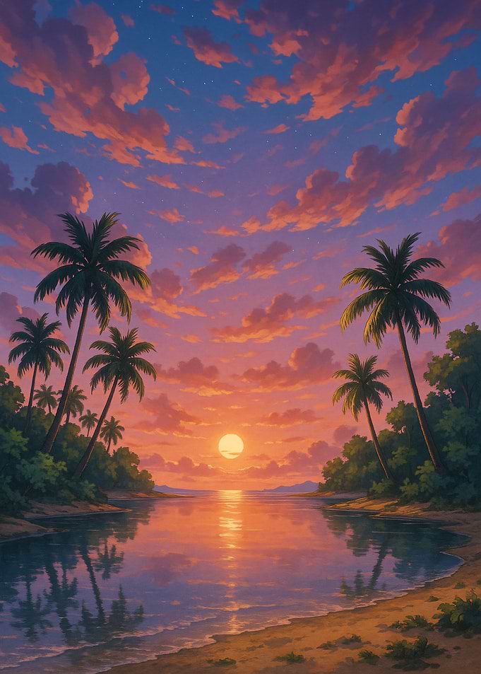 Tropical Beach Sunset with Palm Trees