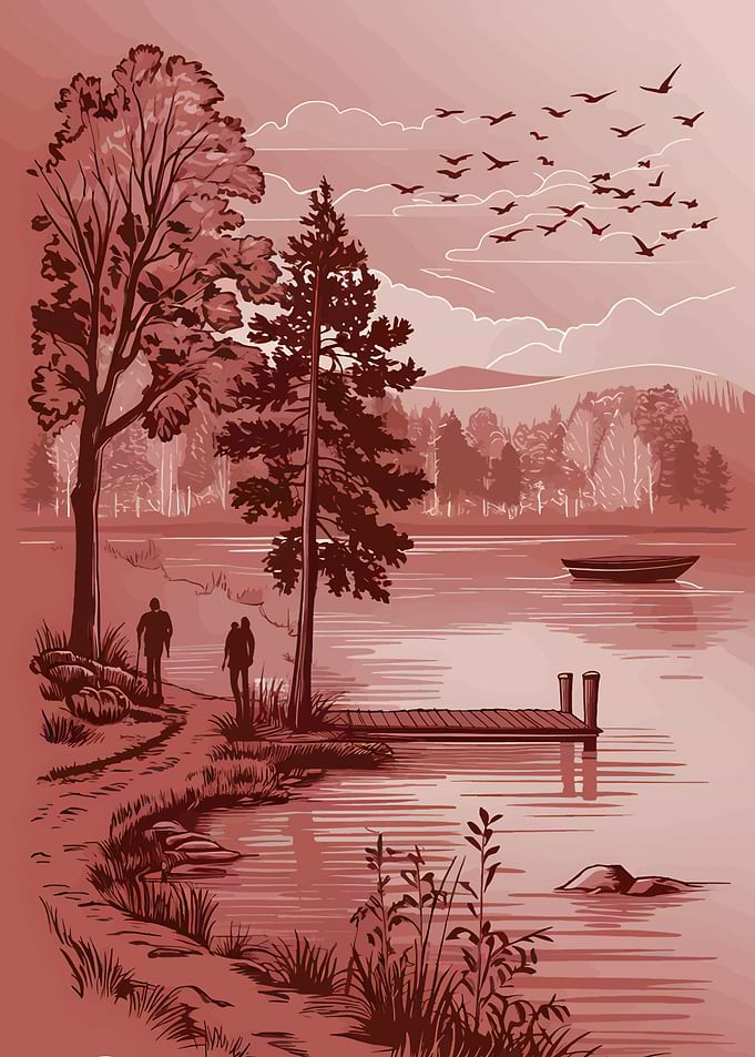 Monochrome Lake Landscape with Figures