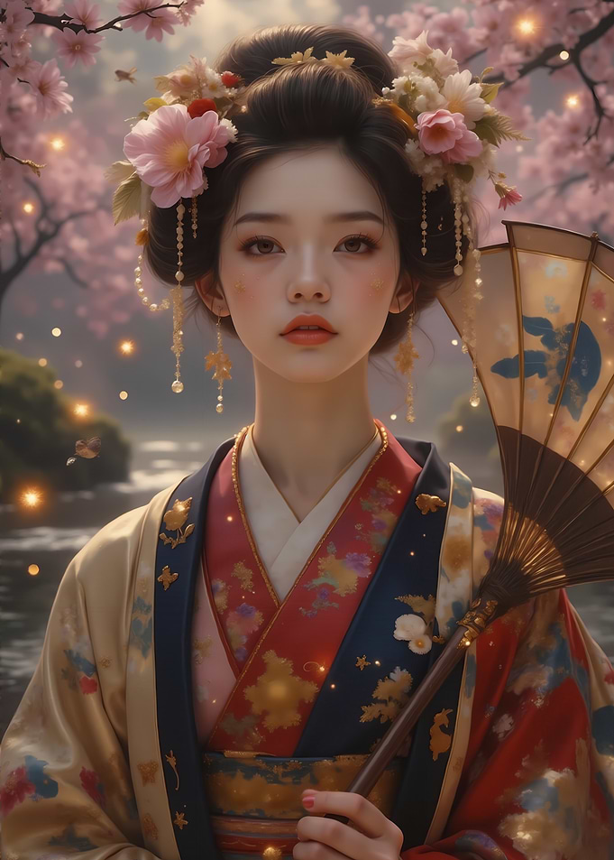 Geisha with Fan in Cherry Blossom