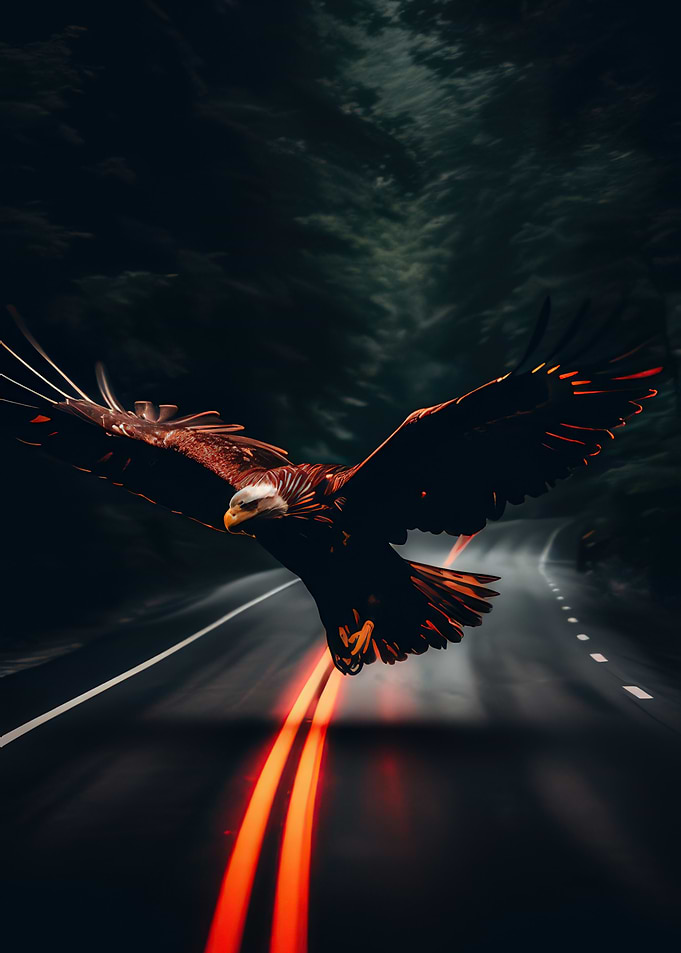 Eagle soaring over a dark road