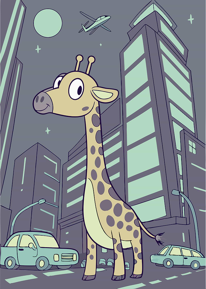 Cartoon Giraffe in Cityscape Illustration