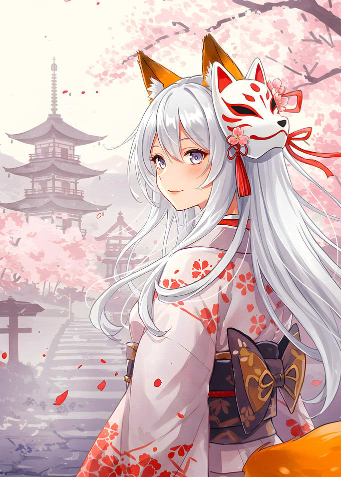 Anime Girl with Fox Mask and Kimono