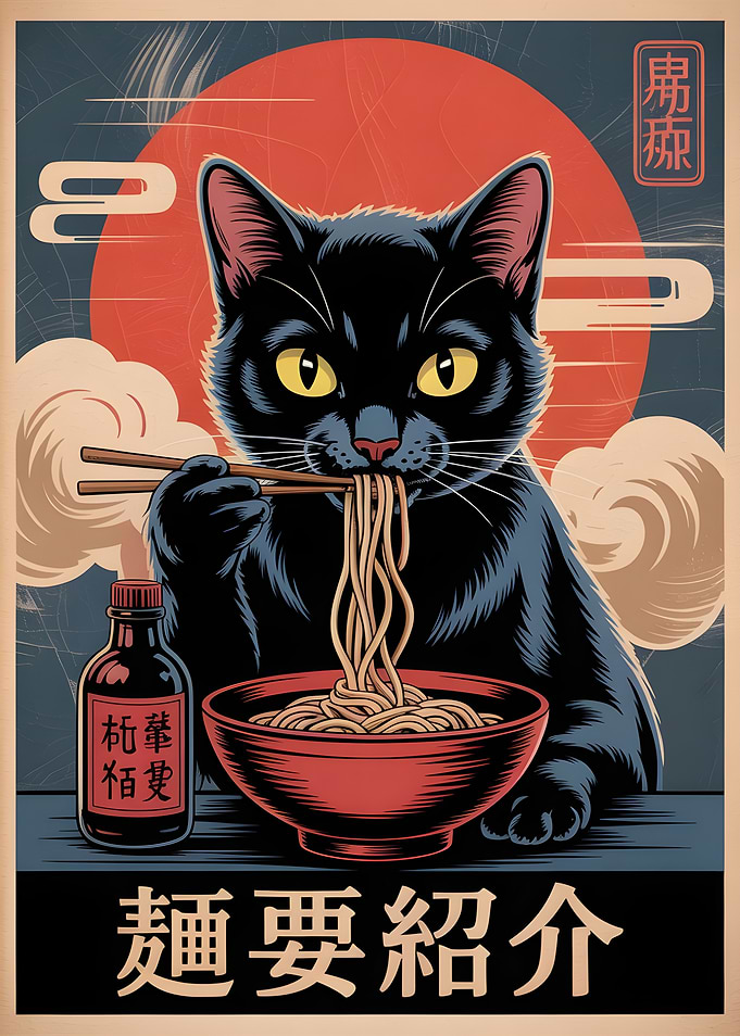 Cat Eating Ramen Japanese Art