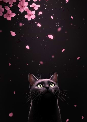 Black cat under cherry blossoms