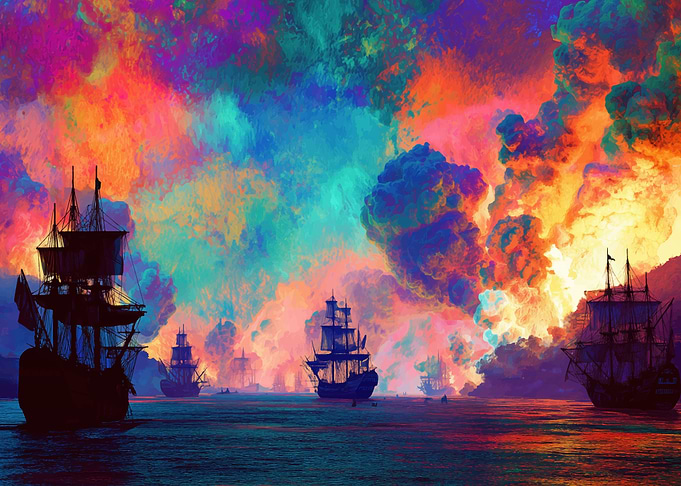 Colorful Naval Battle with Sailing Ships