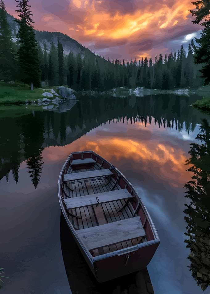 Lake Serenity with Boat at Sunset