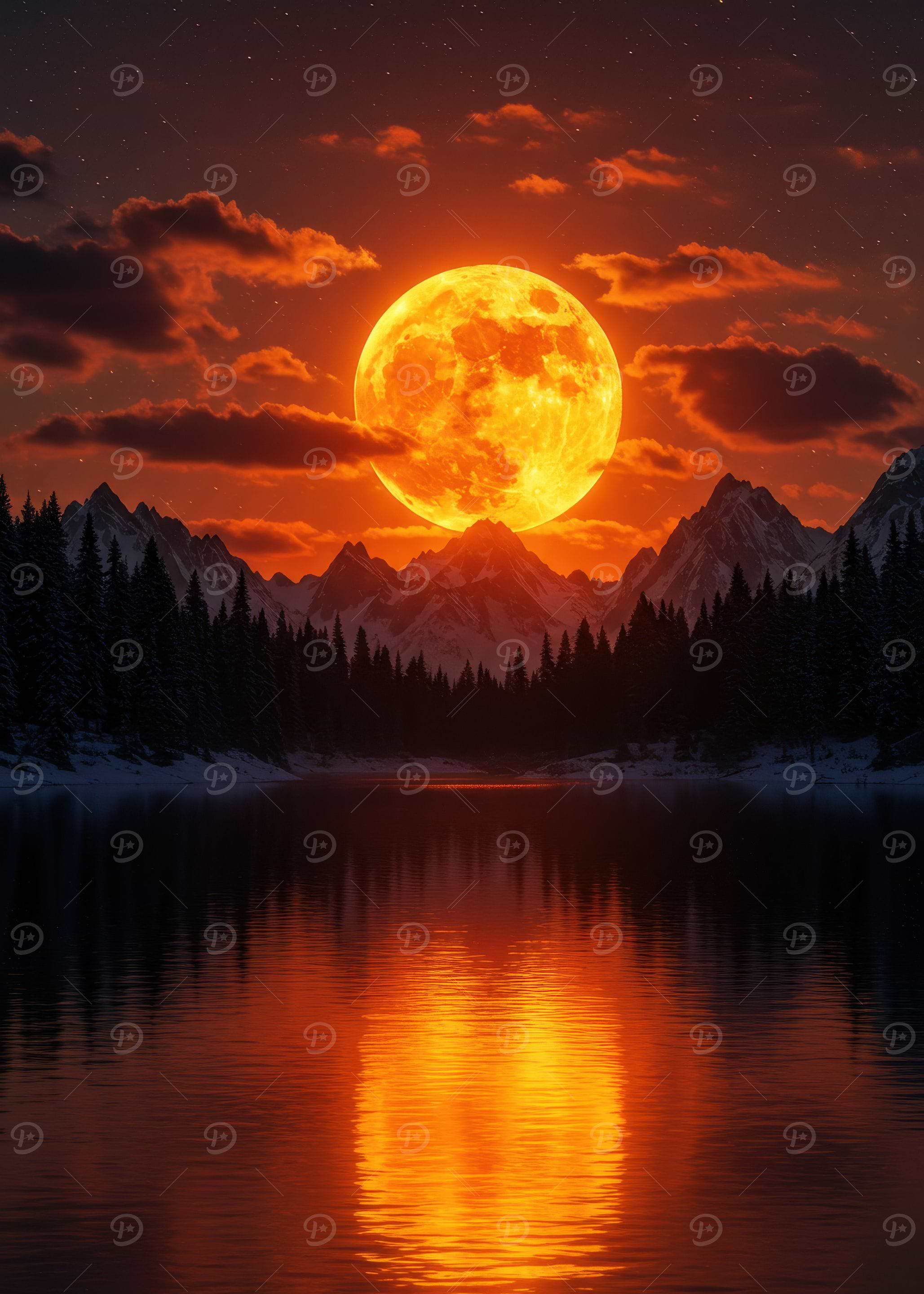 Orange Moon Over Mountain Lake