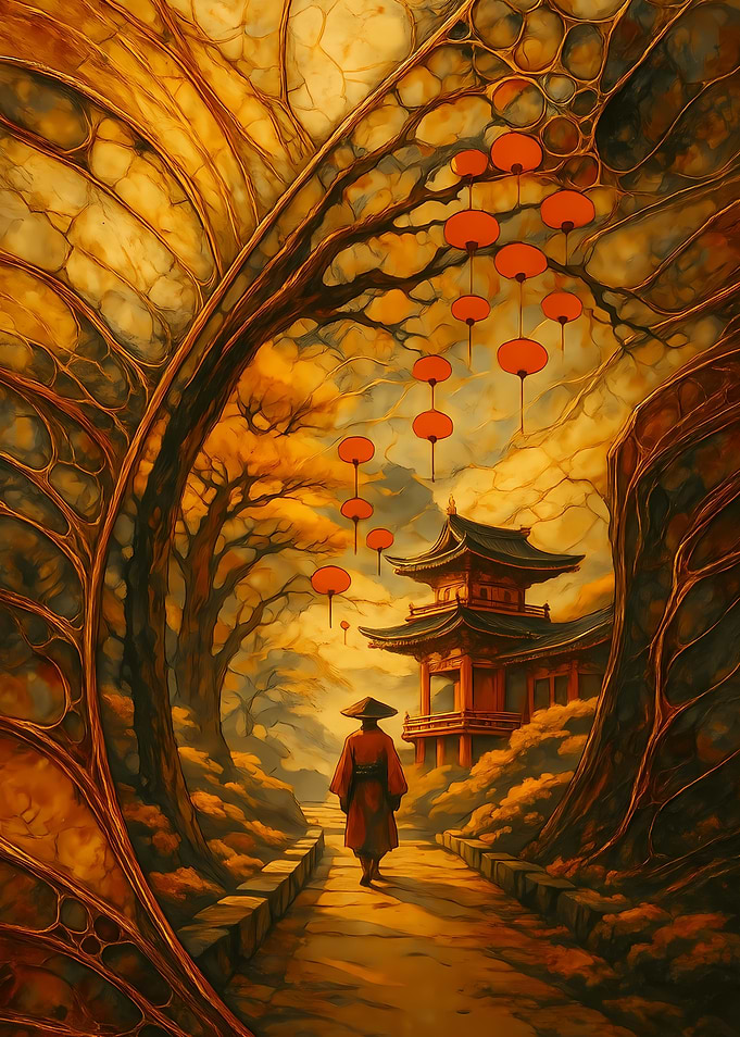 Abstract Fantasy #68 - Asian Temple with Lanterns and Figure