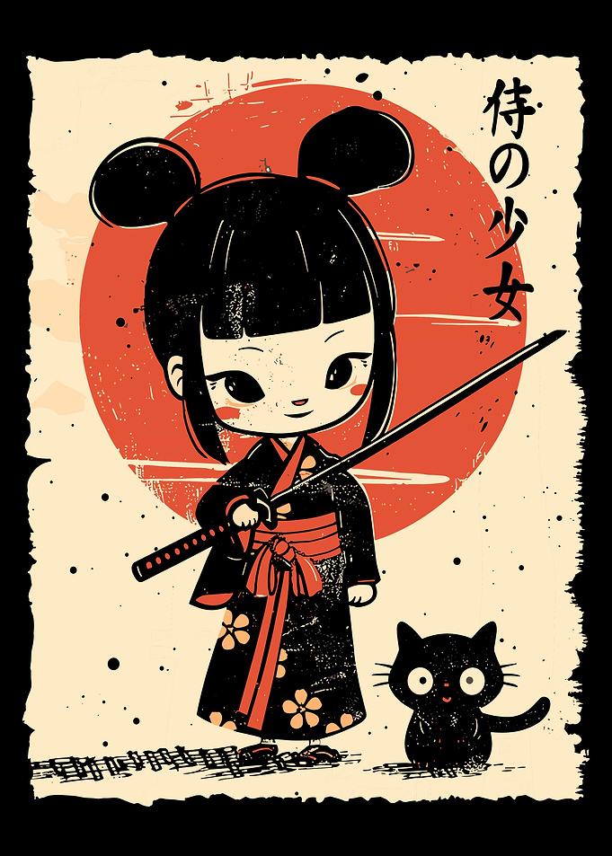 Samurai Girl with Cat