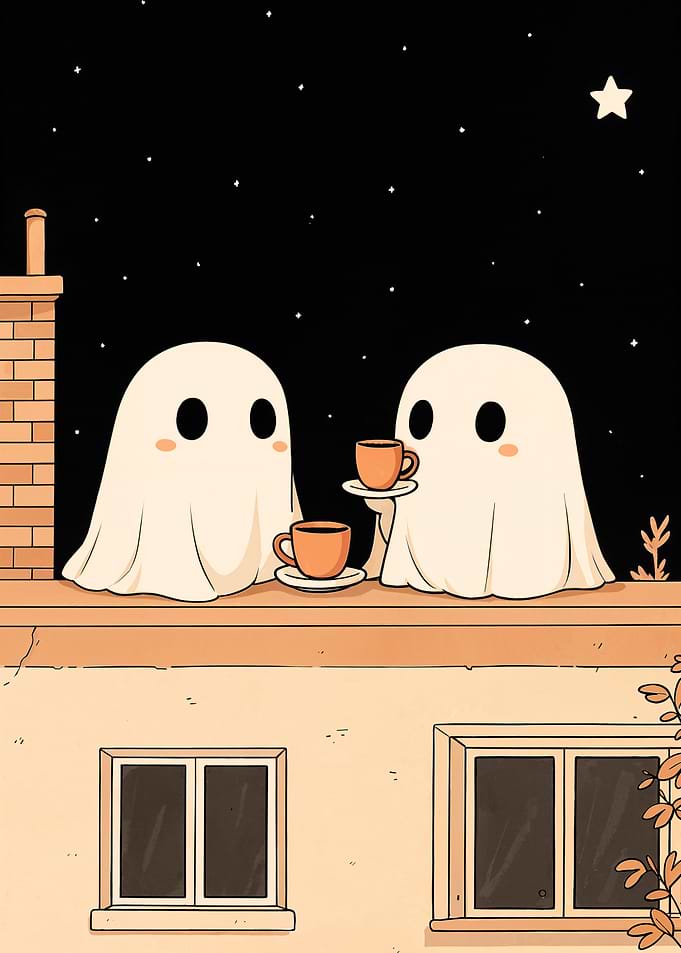 Cute Ghosts Having Tea at Night