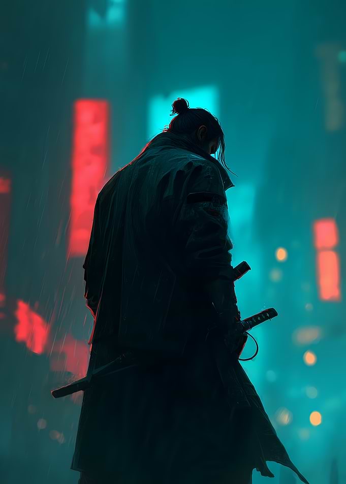 Samurai in a Cyberpunk Cityscape